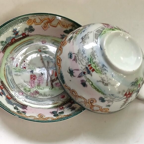 Antique Eggshell Thin Porcelain Hand-painted Geisha Japan 2 Cups with Saucers - Picture 11 of 16